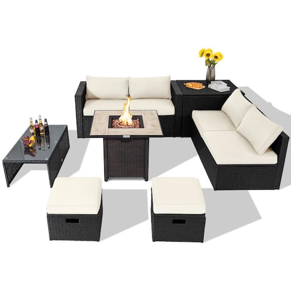HONEY JOY 9-Piece Wicker Patio Conversation Set Rattan Sofa with Storage Box and Gas Fire Pit Table and White Cushions