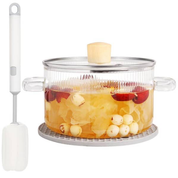 1-Piece Glass Cooking Soup Pot with Lid, 50 oz. Heat Resistant Borosilicate Glass Saucepan Anti-Scalding Mat