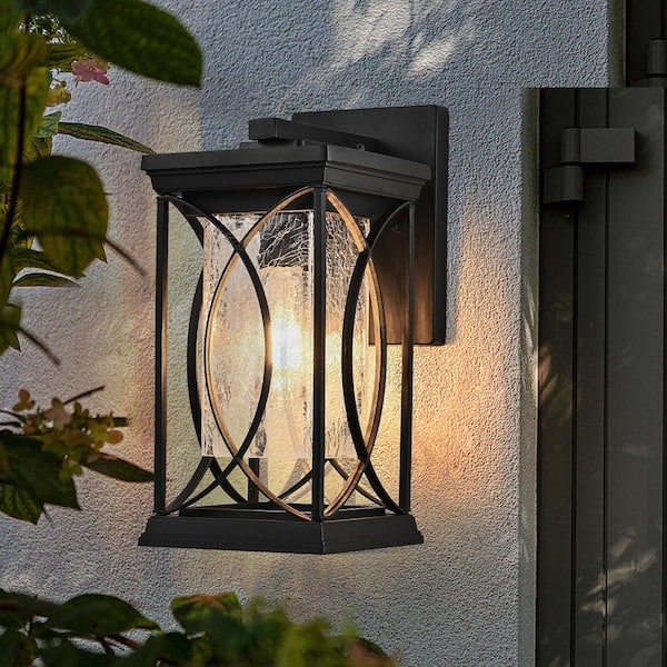 14 in. 1-pack Black Outdoor Wall Sconce with Crackled Glass, Weather-Resistant Light for Porch Patio, Bulb Not Included