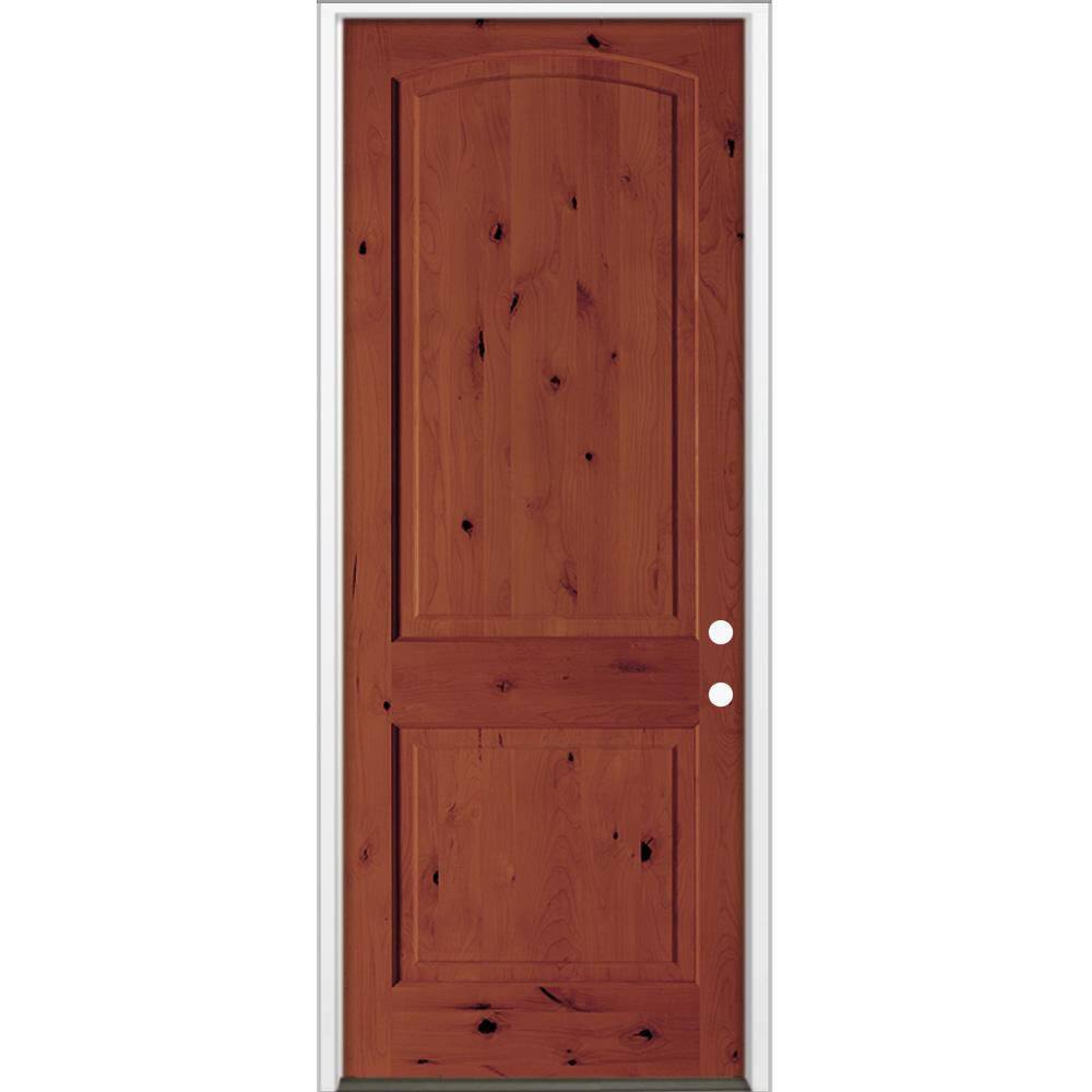 30 in. x 96 in. Rustic Knotty Alder 2-Panel Arch Top Left-Hand/Inswing BEHR Amaretto Stain Wood Prehung Front Door price history on PriceWatchPro