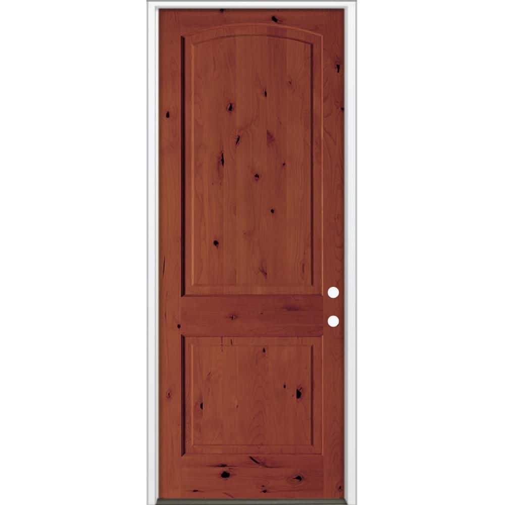 42 in. x 96 in. Rustic Knotty Alder 2-Panel Arch Top Left-Hand/Inswing BEHR Amaretto Stain Wood Prehung Front Door price history on PriceWatchPro