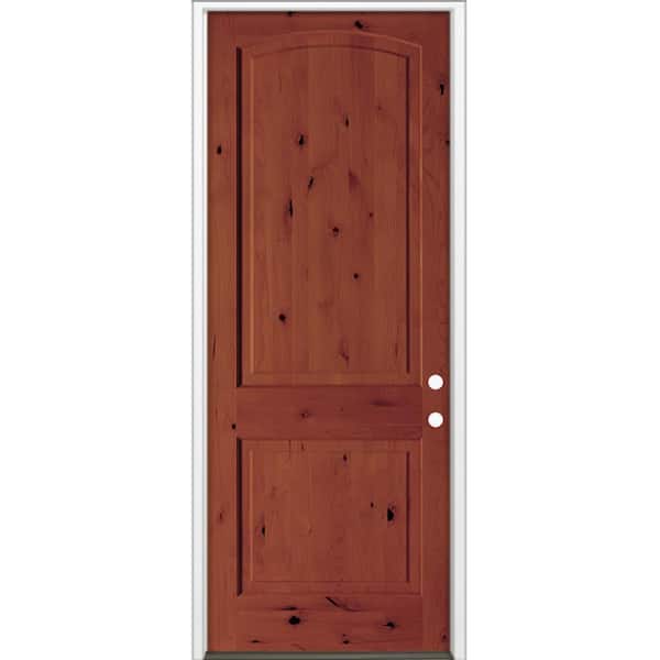 42 in. x 96 in. Rustic Knotty Alder 2-Panel Arch Top Left-Hand/Inswing BEHR Amaretto Stain Wood Prehung Front Door