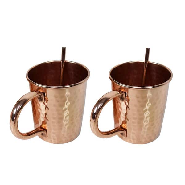 Oakland Living Solid Straight Pair of 100% Copper Mule Mug Cups with Straws 16 oz Hammered Handcrafted 5.5" L x 3.25" W x 4" H