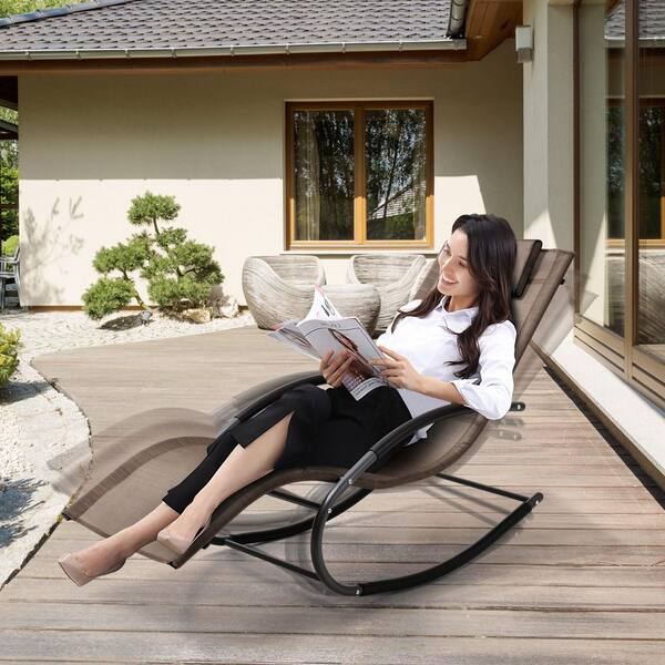 Pellebant Metal Patio Outdoor Rocking Chair in Brown with Headrest