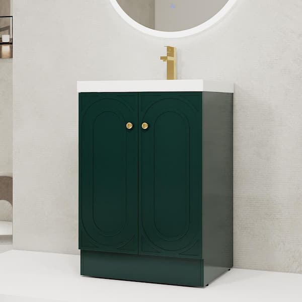24 in. Single Sink Freestanding Green Bath Vanity with White Resin Top, Adjustable Shelf, Customizable Metal Handles