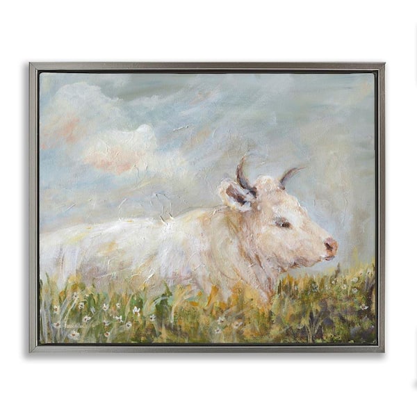 Stupell Industries Subtle Cattle Sun Bathing by Amanda Hilburn Gray Floater Frame Animal Graphic Art Print 25 in. x 31 in.