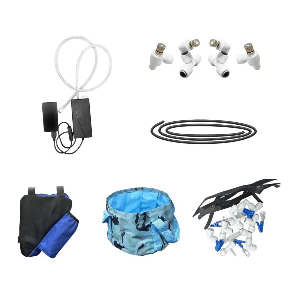 Misting Kit with Rechargeable Pump, Foldable Bucket & Bag – Outdoor Cooling for Camping & Golf