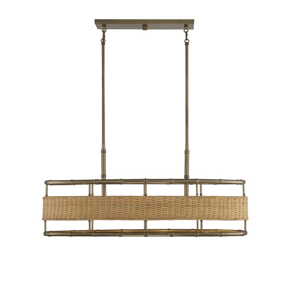 Arcadia 4-Light Linear Chandelier in Warm Brass with Natural Rattan