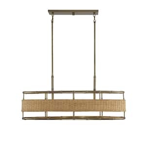 Arcadia 36 in. W x 15 in. H 4-Light Warm Brass Linear Chandelier with Rattan and Metal Shade