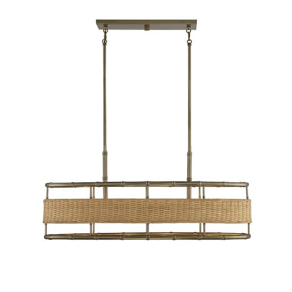 Savoy House Arcadia 36 in. W x 15 in. H 4-Light Warm Brass Linear Chandelier with Rattan and Metal Shade