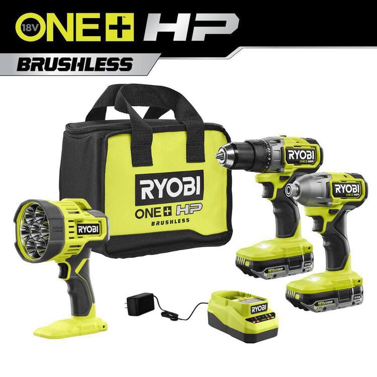 RYOBI ONE+ HP 18V Brushless Cordless 2-Tool Combo Kit w/(2) 2.0 Ah Batteries, Charger, Bag, and Cordless LED Spotlight