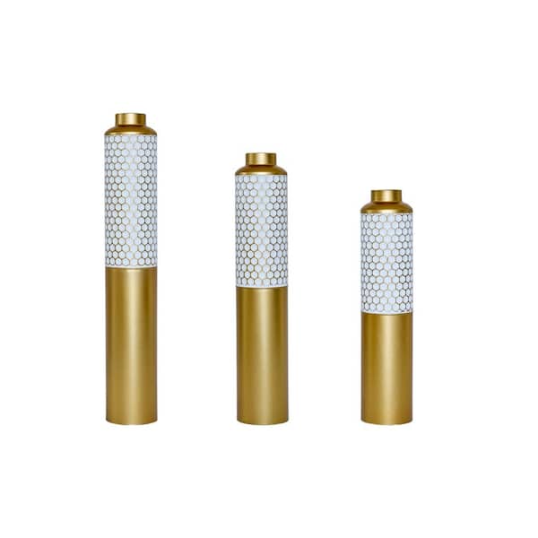 24 in., 29 in., 33 in. Modern Gold Metal Cylinder Floor Vase Gorgeous Home Decoration Large Glazed Set of 3