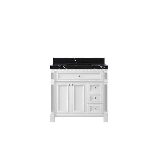 Willow Collections Paris 36 in. Center Sink Freestanding White Bath Vanity with Calacatta Black Qt. Top