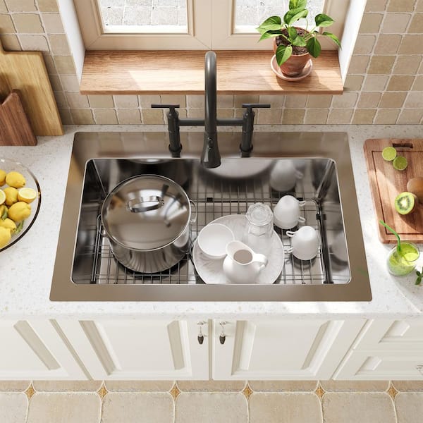 33 in. Drop-In Single Bowl 18 Gauge Brushed Stainless Steel Workstation Kitchen Sink with Bottom Grid and Drain Assembly