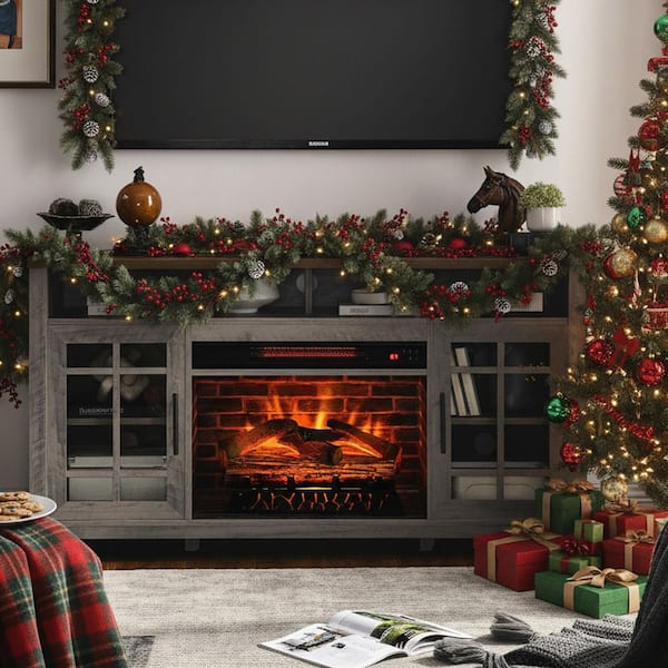 55 in. Freestanding Electric Fireplace TV Stand with Electric Fireplace Insert in Gray Wash