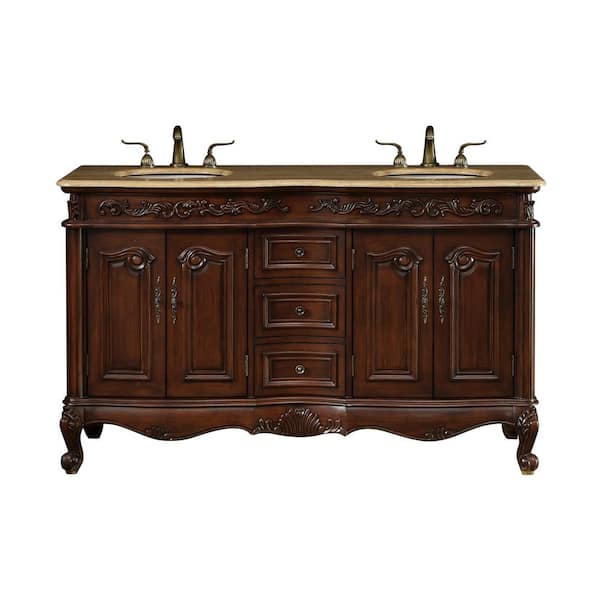 stufurhome Cassandra 60 in. W x 22 in. D x 36 in. H Double Sink Bathroom Vanity in Dark Cherry with Travertine Top