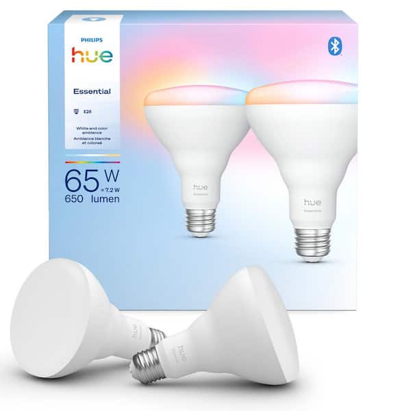 Essential 65-Watt Equivalent A-Style BR30 Smart LED Color Changing Light Bulb with Bluetooth (2-Pack)