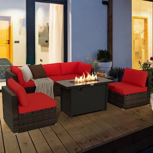 7-Pieces Patio Rattan Furniture Set Fire Pit Table Cover Cushion Red