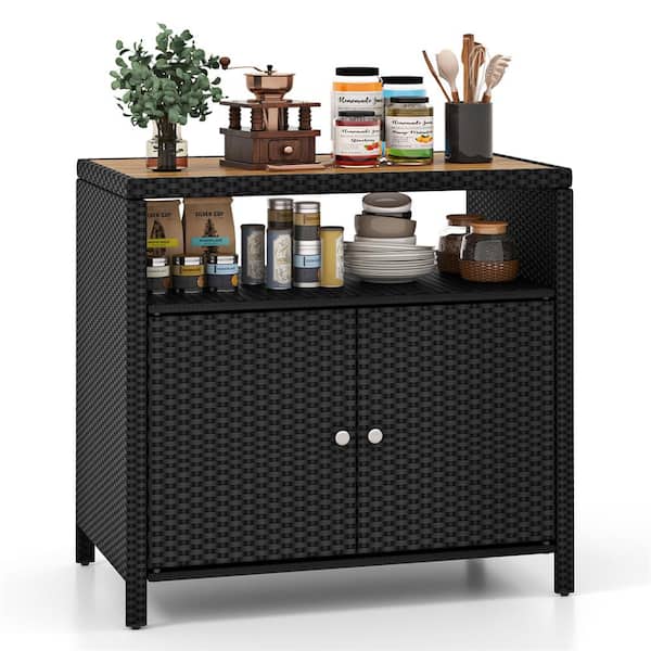35.5 in. W x 21 in. D x 34 in. H Black Wood Outdoor Rattan Storage Cabinet Patio Sideboard Buffet Cabinet
