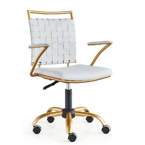 White Leatherite Seat Office Chair with Non-Adjustable L Shape Metal Golden Padded Arms