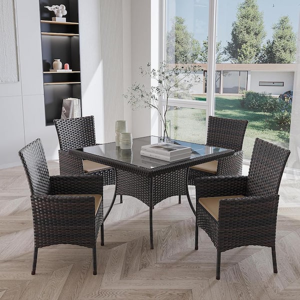 Halmuz 5-Piece Brown Wicker Outdoor/Indoor Dining Set with Sand Cushion, Tempered Glass Tabletop, Umbrella Hole