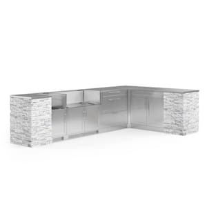 Signature 137.94 in. L x 81.94 in. D x 37 in. H 11-Piece L Shaped SS Outdoor Kitchen Cabinet Set in White Crystal Marble
