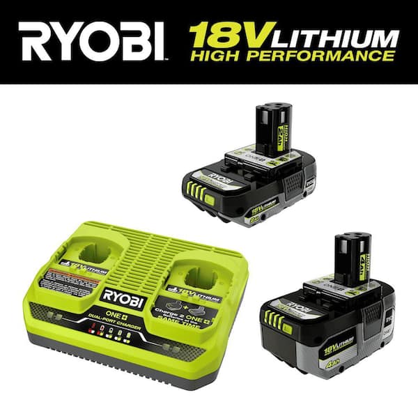 RYOBI ONE+ HP 18V 4.0 Ah HIGH PERFORMANCE Battery, 2.0 Ah HIGH PERFORMANCE Battery, and Dual-Port Charger Starter Kit