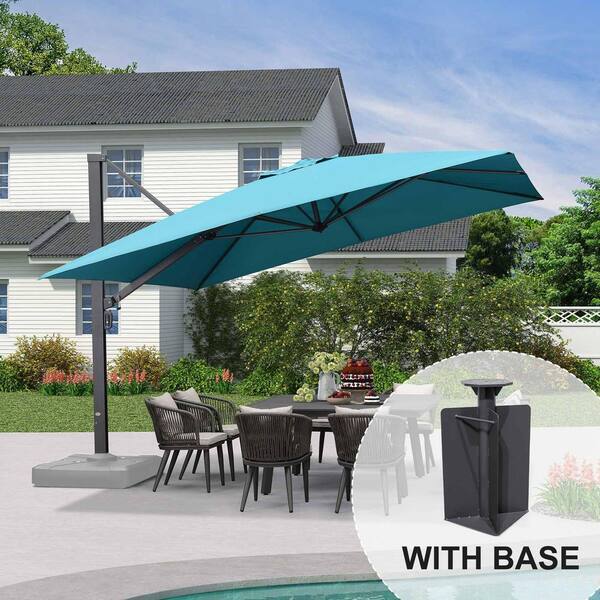 PURPLE LEAF 12 ft. Square Aluminum Large Outdoor Cantilever 360-Degree Rotation Patio Umbrella with Base in Ground, Turquoise Blue