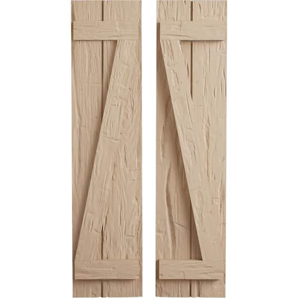 Ekena Millwork 11 in. x 80 in. Timberthane Polyurethane 2-Board Joined Board-n-Batten Hand Hewn Faux Wood Shutters w/Z-Board Pair