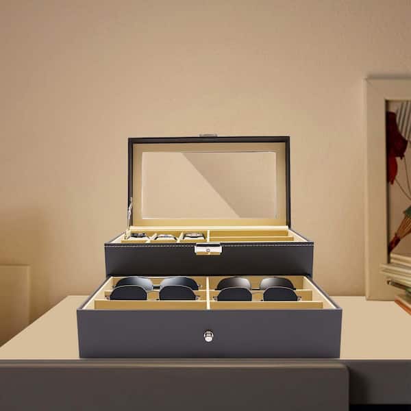 YIYIBYUS Black Leather 6-Watch and 9-Piece Eyeglasses Storage