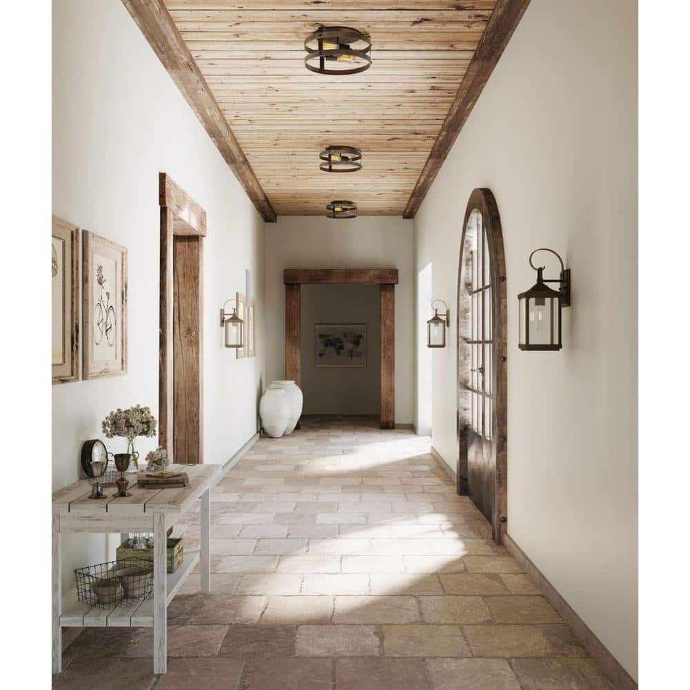 Gulliver 14'' Graphite Modern Farmhouse Flush Mount Ceiling Light with Faux-Wood Accents