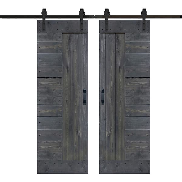 ISLIFE L Series 60 in. x 84 in. Carbon Gray Finished Solid Wood Double Sliding Barn Door with Hardware Kit - Assembly Needed