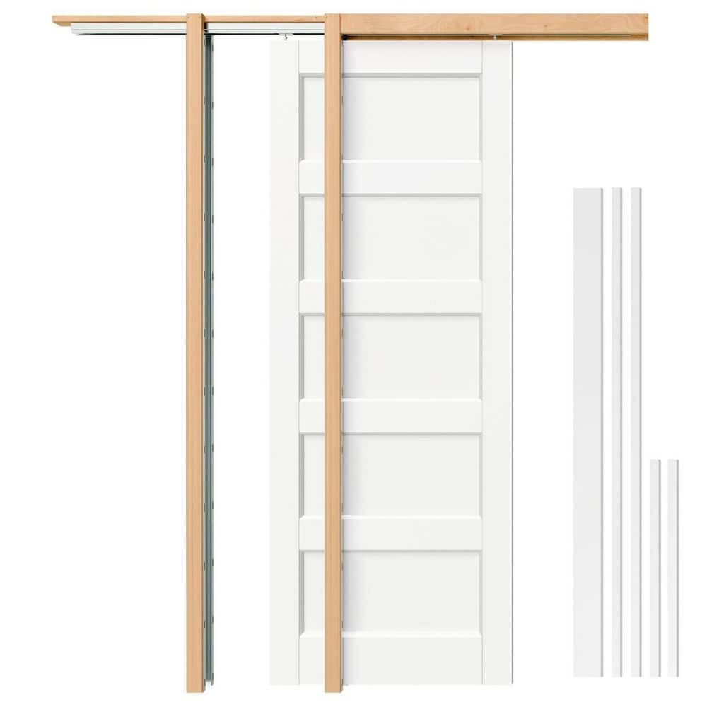 32 in. x 80 in. 5-Panel Primed Wood Pocket Door Slab with Door Frame Kit, Jamb and Header, Sliding Interior Door price history on PriceWatchPro