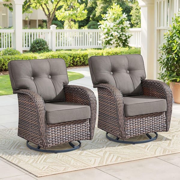 Modern Seaside Series 2-Piece Patio Wicker Swivel Outdoor Rocking Chair with Gray Cushions