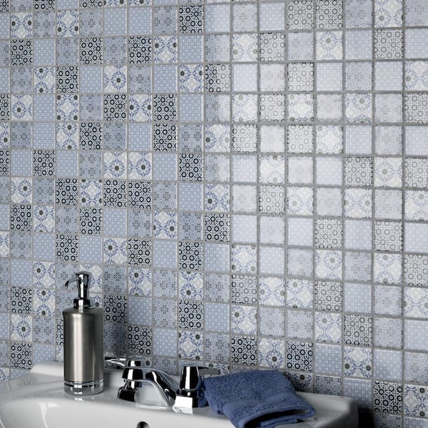 Merola Tile Crystalline Square Blue 11-3/4 in. x 11-3/4 in. Porcelain Mosaic Tile (9.8 Sq. ft./Case), Blue / Mixed Finish