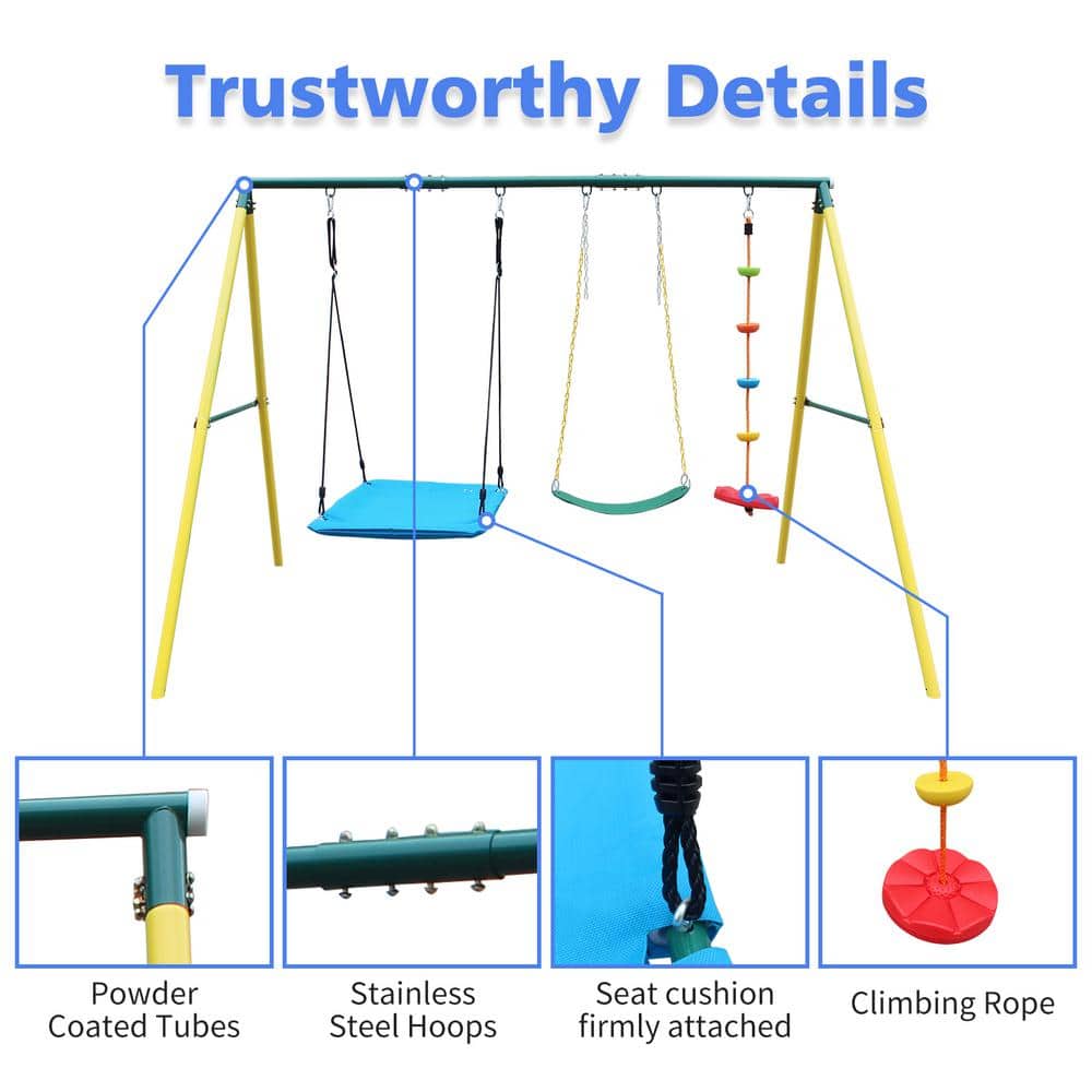 Yellow Steel Frame 3-in-1 Kids Swing Set with Climbing Ladder