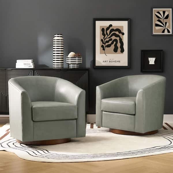 Teeny Sage Modern Geniun Leather Swivel Barrel Chair with Solid Wood Base Set of 2