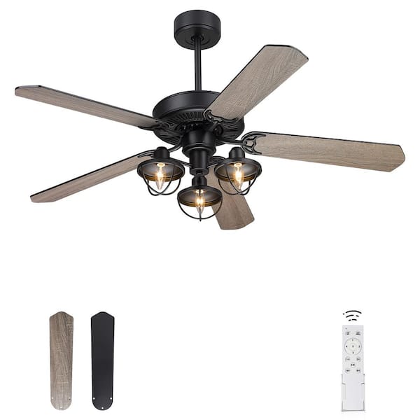 JAZAVA 52 in. Indoor Matte Black Barnwood Finish 3-Light Ceiling Fan with Remote Control