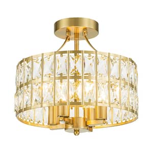 Sroda 12.5 in. 4-Light Brushed Brass Mid-Century Round Drum Crystal Semi-Flush Mount Light with Drum Crystal Shade