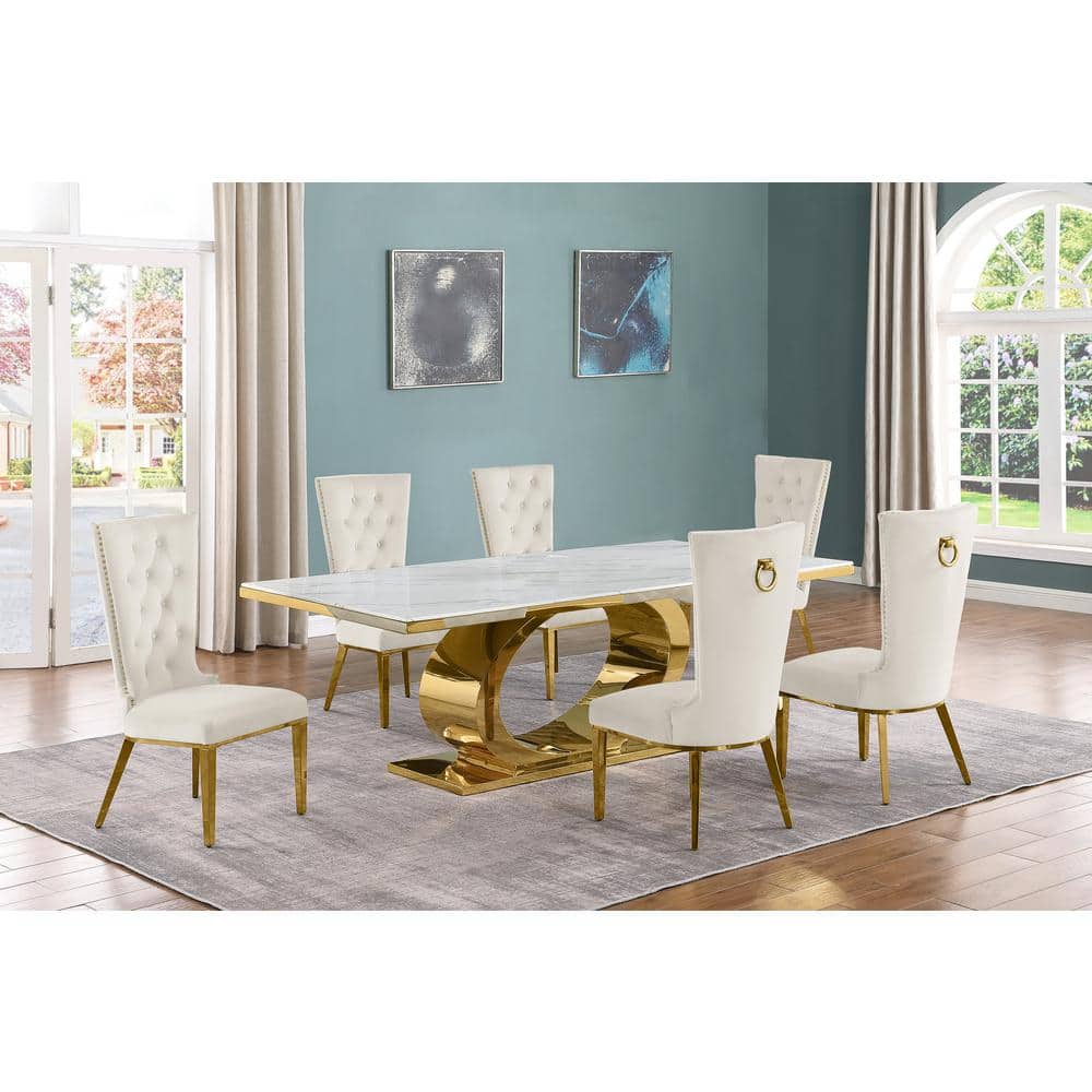 Best Quality Furniture Ibraim 7Piece Rectangle White Marble Top Gold