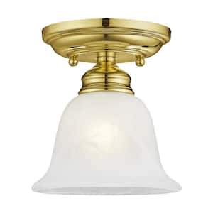 Woodside 6.25 in. 1-Light Polished Brass Industrial Semi Flush Mount with Alabaster Glass and No Bulbs Included