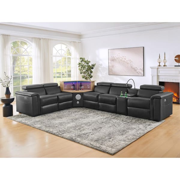 Wiro 130 in. PU Leather L-Shaped Powered Recliner Sectional Sofa in Black with Lift Cabinet and Ambient LED