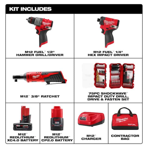 M12 FUEL 12V Hammer Drill/Impact 2-Tool Kit  Batteries, Bag with M12 3/8 in. Ratchet with 75-Pc  Bit Set