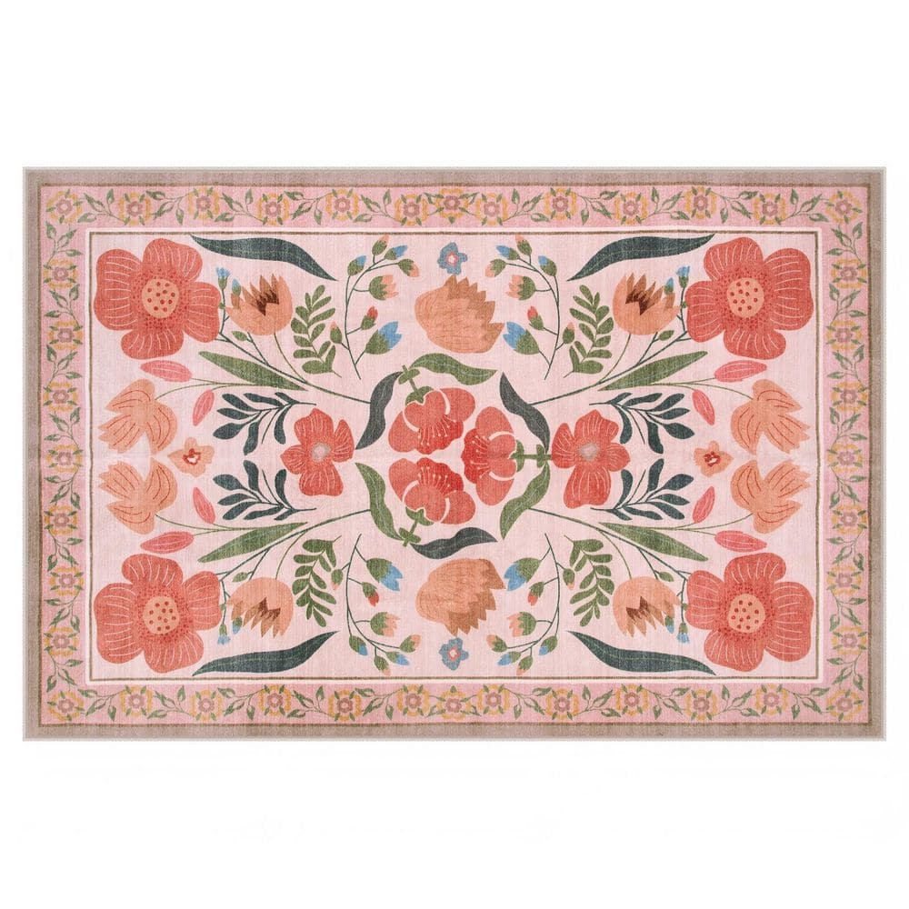 Cottagecore Floral Washable Non-Slip Beige 6 ft. x 9 ft. Area Rug price history on PriceWatchPro