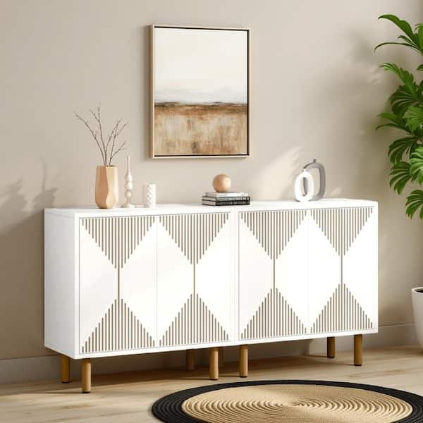 White and Gold Wood 59.06 in. Buffet Cabinet Sideboard Console with Gold Legs