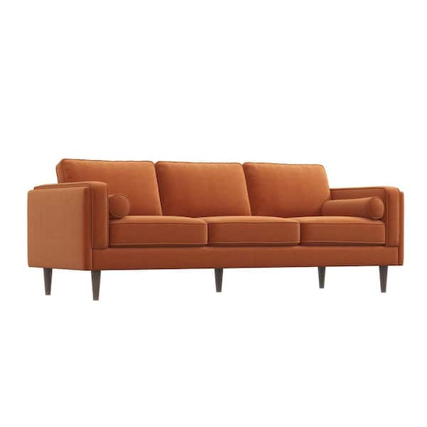 Ashcroft Furniture Co Hudson 86 in. W Square Arm Mid Century Modern Furniture Style Velvet Living Room Straight Couch in Orange