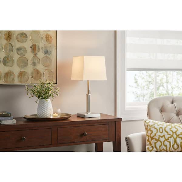 Hampton Bay Stanton 20 in. Brushed Nickel Table Lamp with White Fabric Shade and Polarized Outlet