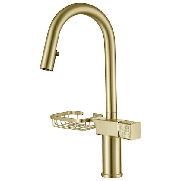 Single Handle Brushed Gold 16.8 in. Pull Down Sprayer Kitchen Faucet with 360° Spout Swivel Kitchen Sink Faucet