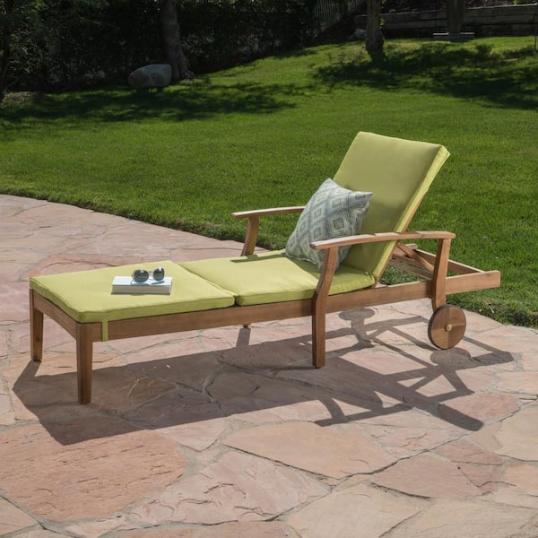 Noble House Giancarlo Teak Wood Outdoor Chaise Lounge with Green Cushion