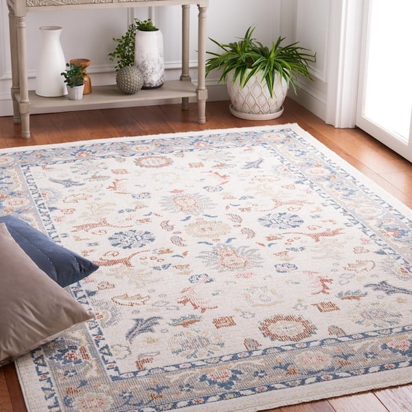 Bayside Beige/Blue 5 ft. x 5 ft. Machine Washable Washable Traditional Floral Square Area Rug